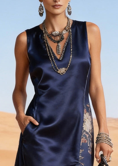Boho Navy Asymmetrical Patchwork Side Open Silk Holiday Dress Sleeveless