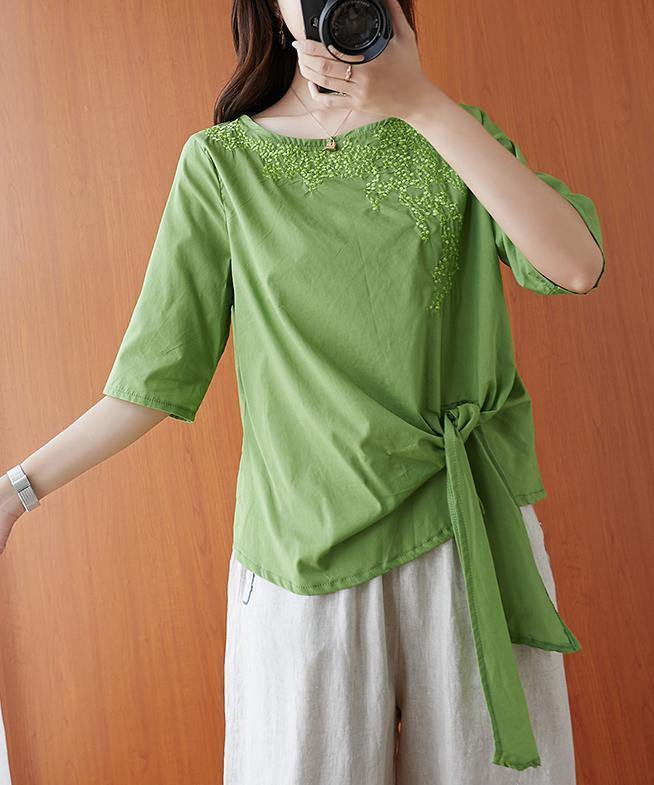 Natural green embroidery clothes o neck Bow tunic