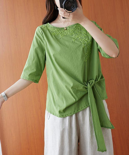 Natural green embroidery clothes o neck Bow tunic