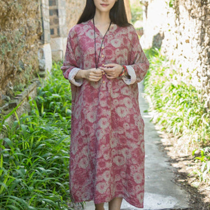 Cotton Linen Casual Loose Fitting Floral Dress Red / Blue