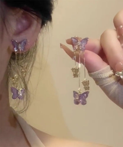 Fashion Purple Copper Alloy Zircon Crystal Butterfly Tassel Drop Earrings