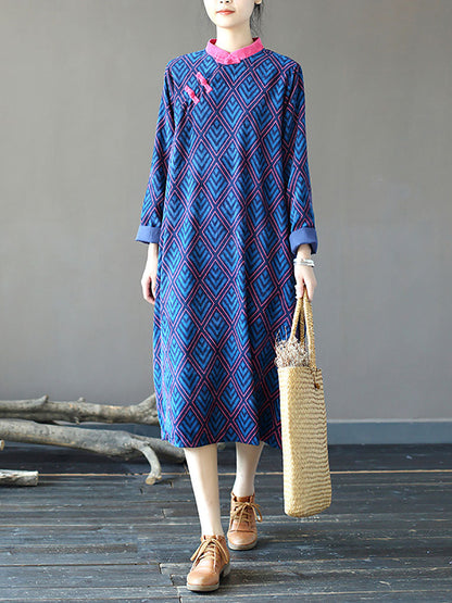 Women Winter Vintage Rhomboids Frog Spliced Long Dress