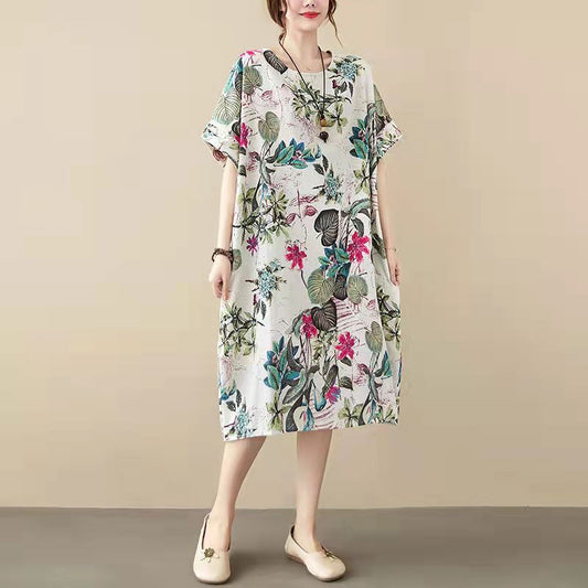 women floral cotton dresses plus size clothing shirt dress vintage big pockets short sleeve cotton clothing dress