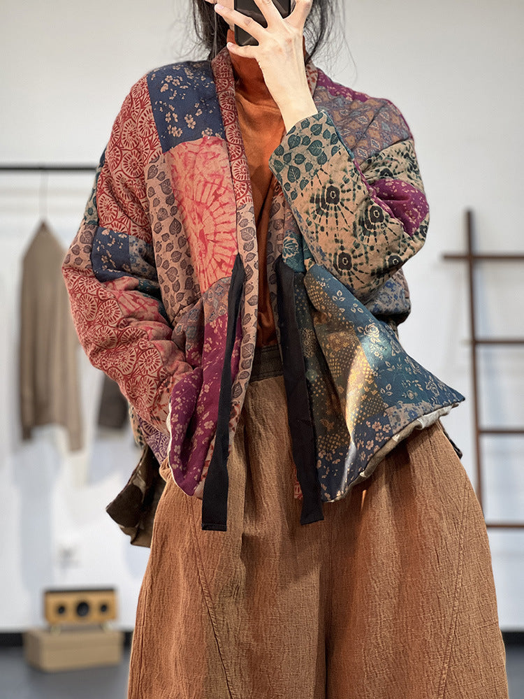 Literary Print Lace-Up Padded Jacket