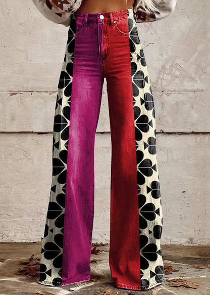 Chic Rose Print Pockets High Waist Denim Pants Spring