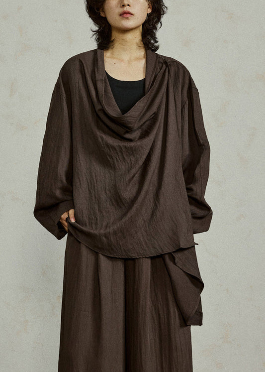 Coffee Shirt Flare Sleeve Patchwork Tie Waist