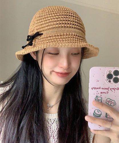 Summer Camel Hollow Bow Bow Large Eave Sunshade Bucket Hat