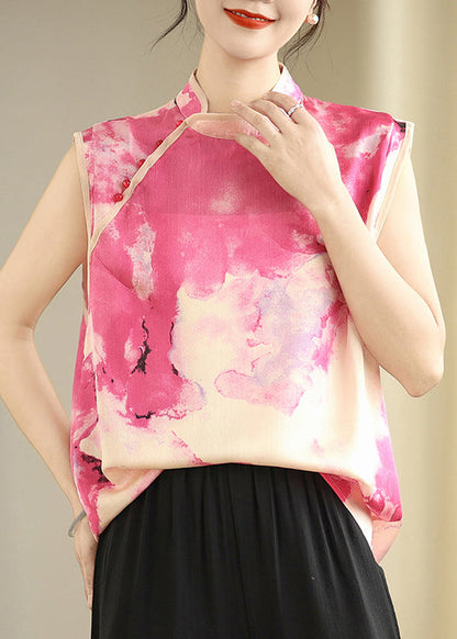 Beautiful Pink Mandarin Collar Tie Dye Silk Top Sleeveless