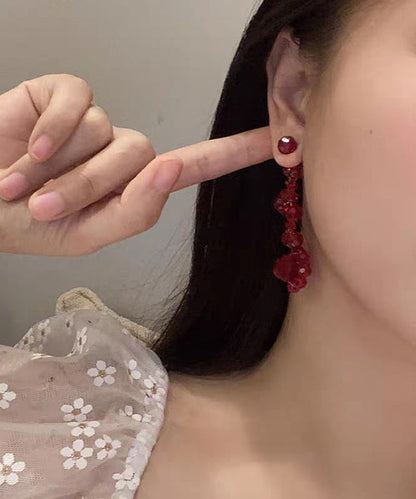 Fine Red Alloy Floral Crystal Pomegranate Drop Earrings