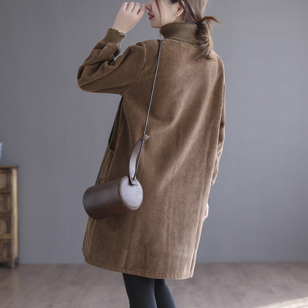 Corduroy Solid Color Plus Velvet Thick Loose Turtleneck Top
