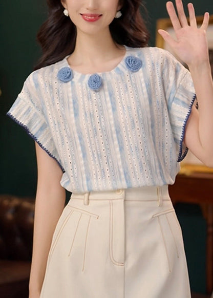 Art Blue Floral Hollow Out Cotton T Shirt Summer