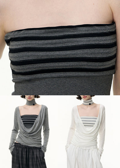 Art Grey V Neck Striped Tank And T Shirt Cotton Two-Piece Set Fall