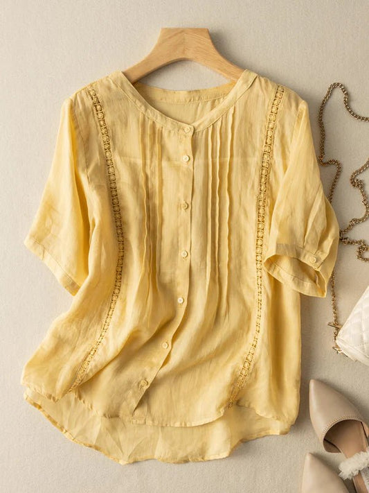 Pure Color Round Neck Short Sleeve Casual Linen Top