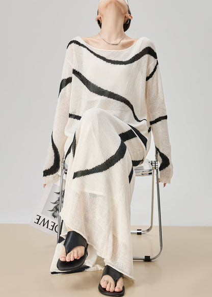 Boutique White Striped Tops And Skirts Knit Two Pieces Set Fall