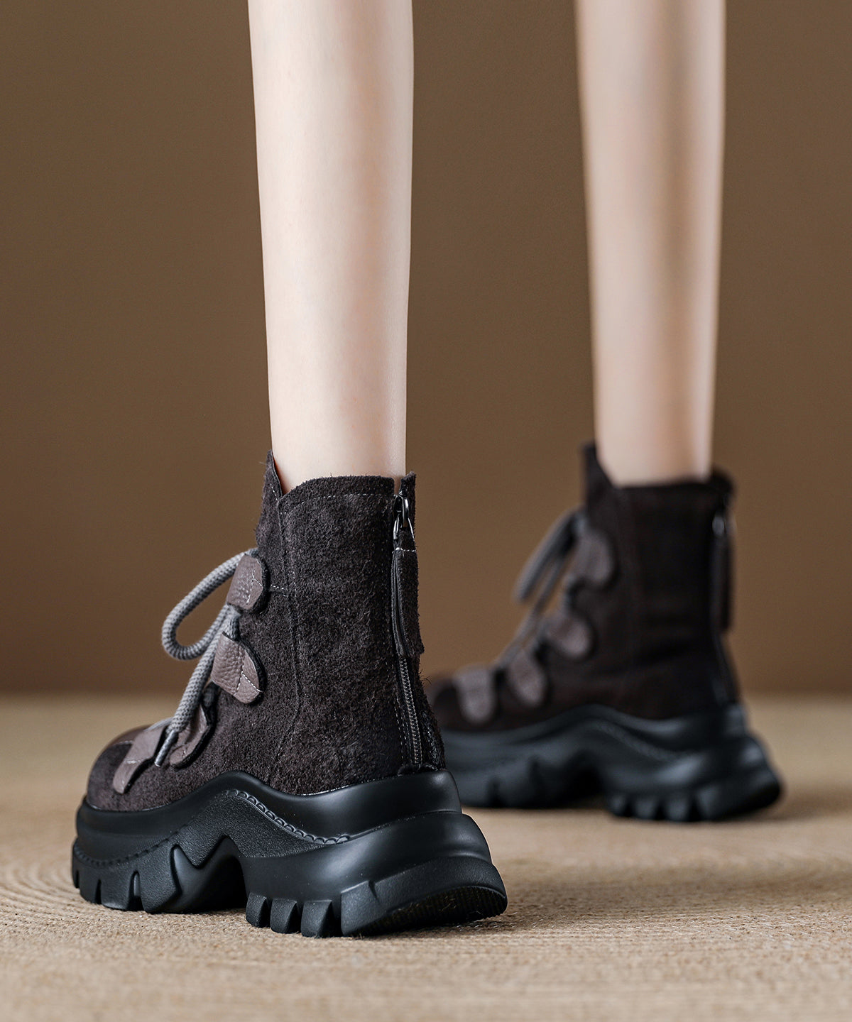 Grey Platform Suede Women Splicing Lace Up Boots