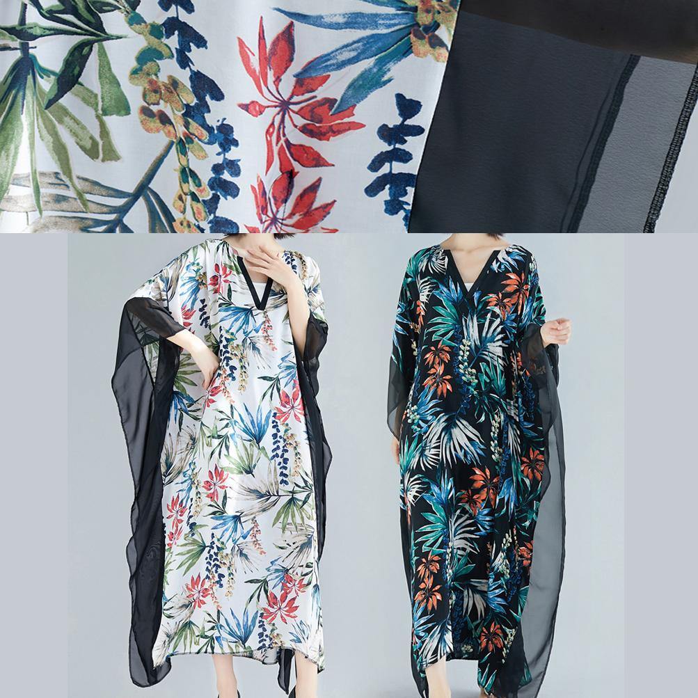 Flowy v neck patchwork chiffon outfit Plus Size Online Shopping white print Kaftan Dresses Summer