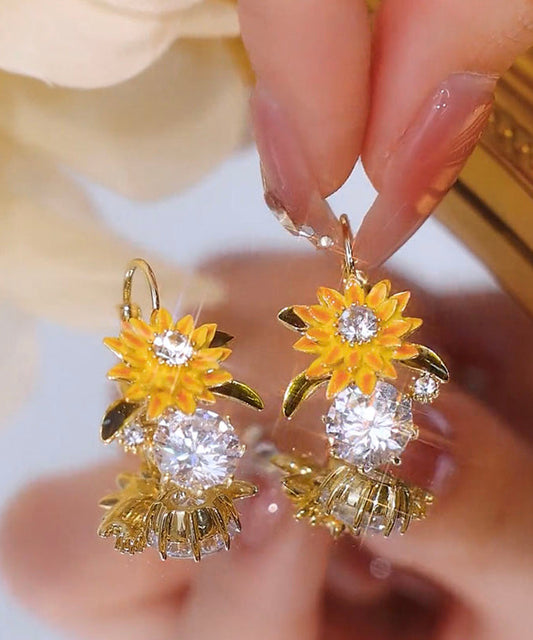 Fashion Gold Copper Overgild Zircon Sunflower Drop Earrings