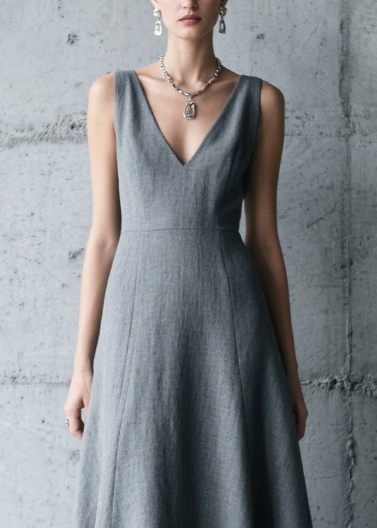 Elegant Charcoal Grey V Neck Patchwork Cotton Long Dress Summer