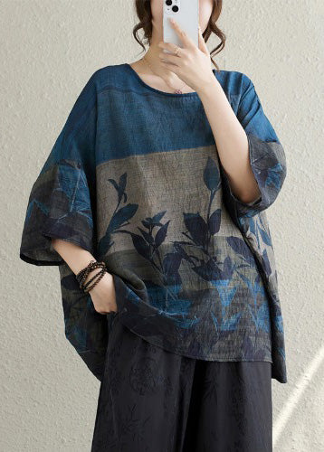 Vintage Navy Oversized Print Linen Tanks Summer