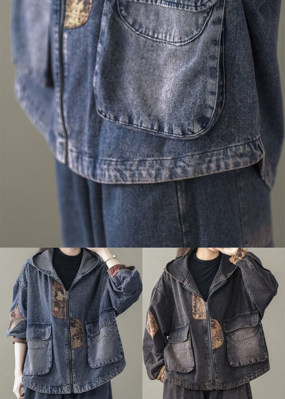 Casual Blue Hooded Patchwork Denim Coats Spring