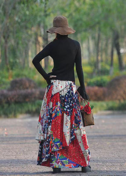 Beautiful Red Asymmetrical Print Exra Large Hem Linen Skirt Spring