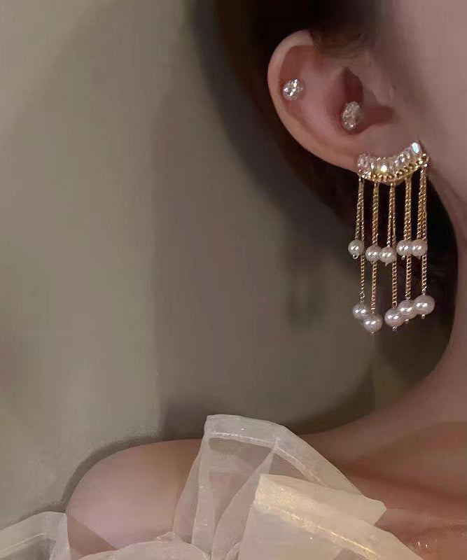Fashion Gold Copper Overgild Pearl Tassel Drop Earrings