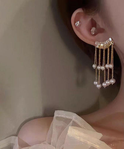Fashion Gold Copper Overgild Pearl Tassel Drop Earrings