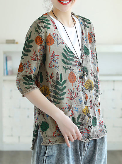Plus Size - Leaf Printed Half Sleeve Women Knitted Shirt