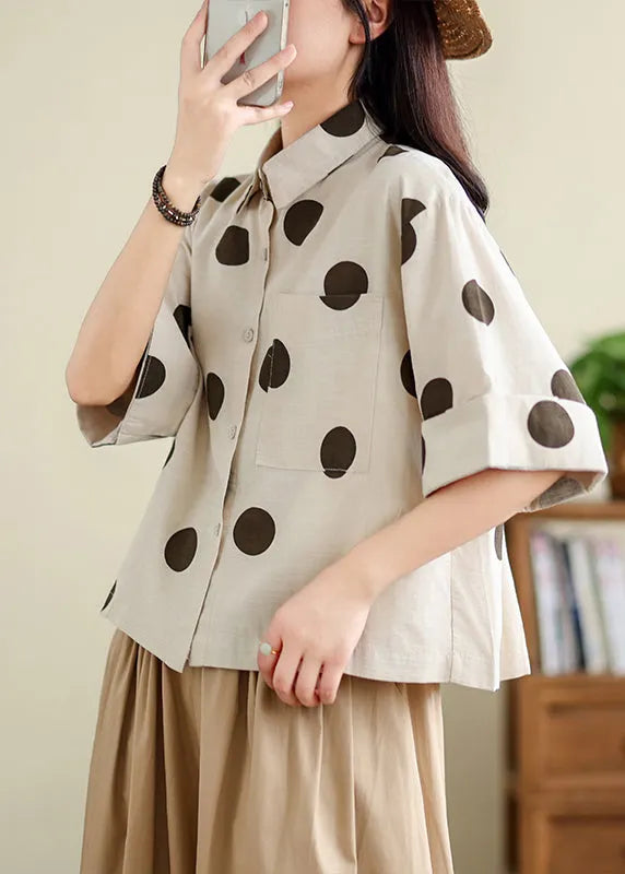 Unique Khaki Oversized Dot Cotton Shirts Half Sleeve