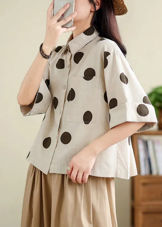 Unique Khaki Oversized Dot Cotton Shirts Half Sleeve