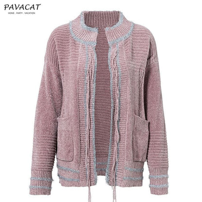 Elegant Chenille Tassel Pocket Sweater Cardigan