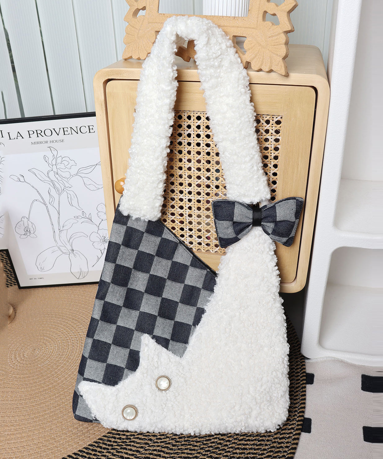 Vintage White Teddy Patchwork Plaid Shoulder Bags