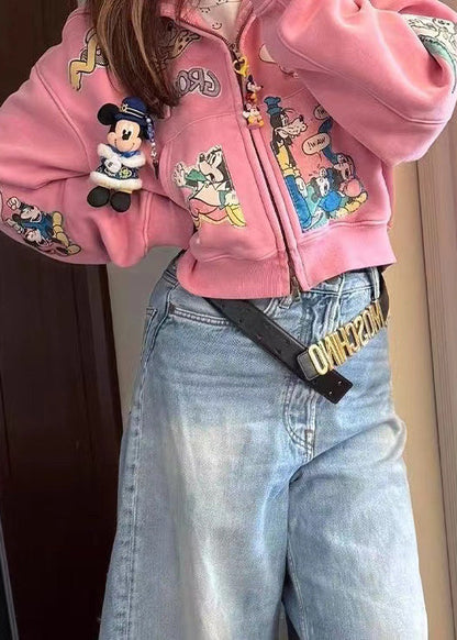 Novelty Pink Oversized Cartoon Print Cotton Hooded Jacket Fall