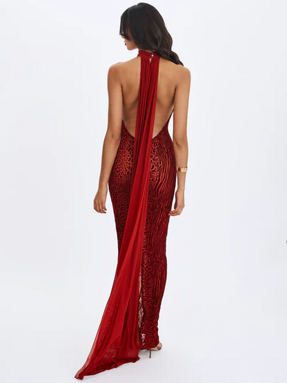 Red Flocked Leopard Print Halter Open-Back Sash Maxi Dress