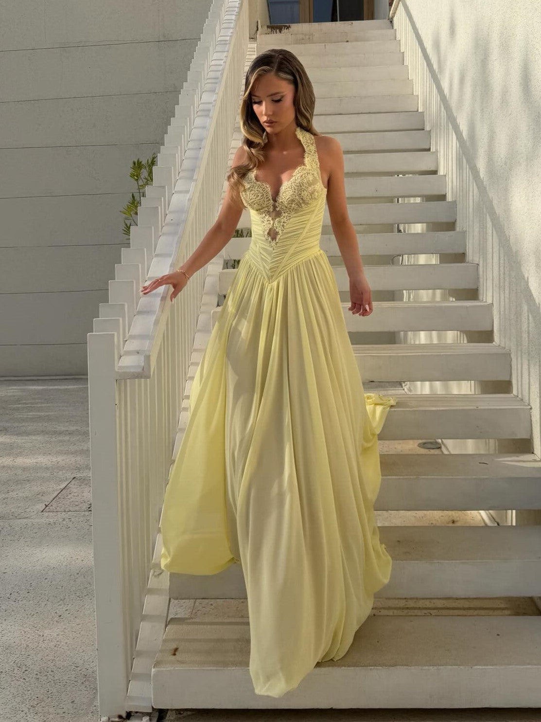 Halter Lace Corset Chiffon Evening Gown