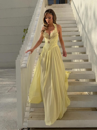 Halter Lace Corset Chiffon Evening Gown
