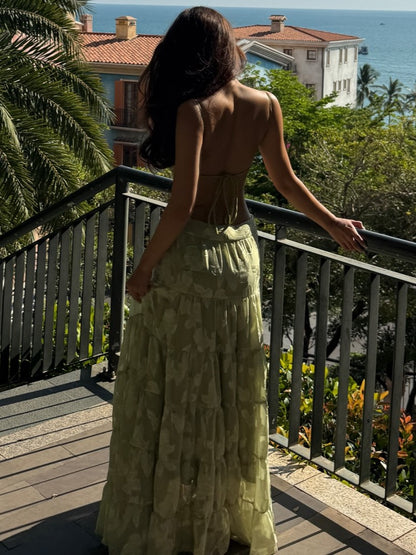 Light Green Jacquard Open-Back Tiered Maxi Dress Set