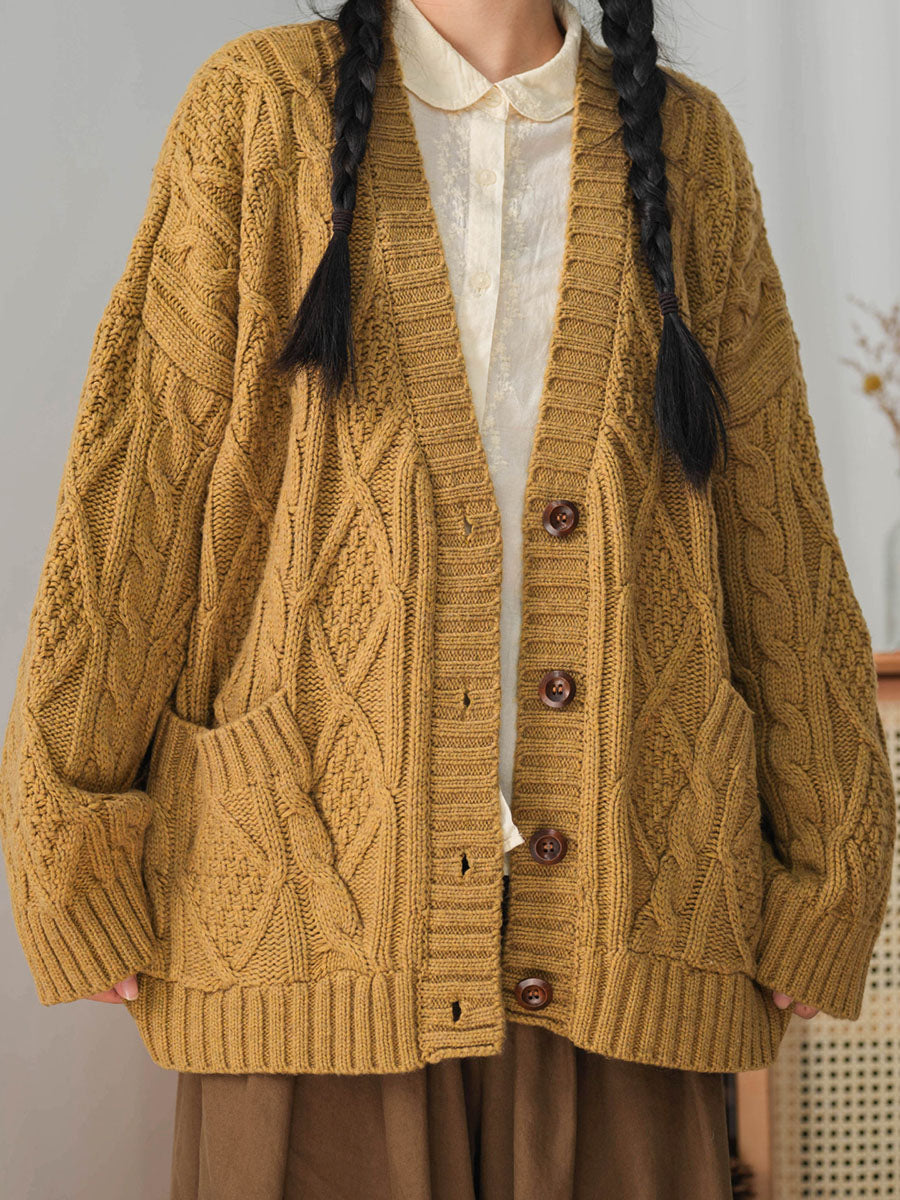 Women Winter Vintage Knitted Button Loose Sweater Cardigan