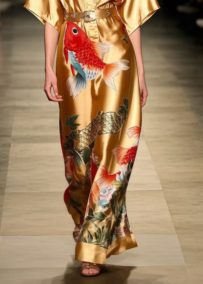 Women Golden Koi Fish Print Silk Tunic Dress Summer