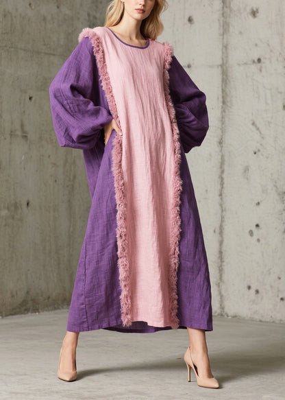 Art Colorblock Oversized Patchwork Faux Fur Dresses Fall