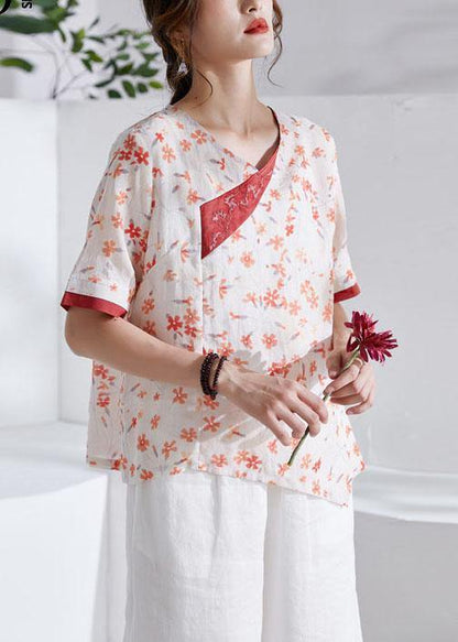 Red V-Neck Asymmetrical Design Print Summer Ramie Shirt Tops Short Sleeve