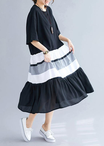 Elegant black patchwork cotton tunics for women o neck long summer Dress