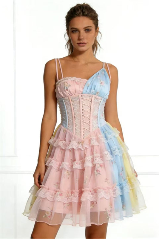 Pastel Color Block Lace-Up Corset Ruffle Tulle Mini Dress