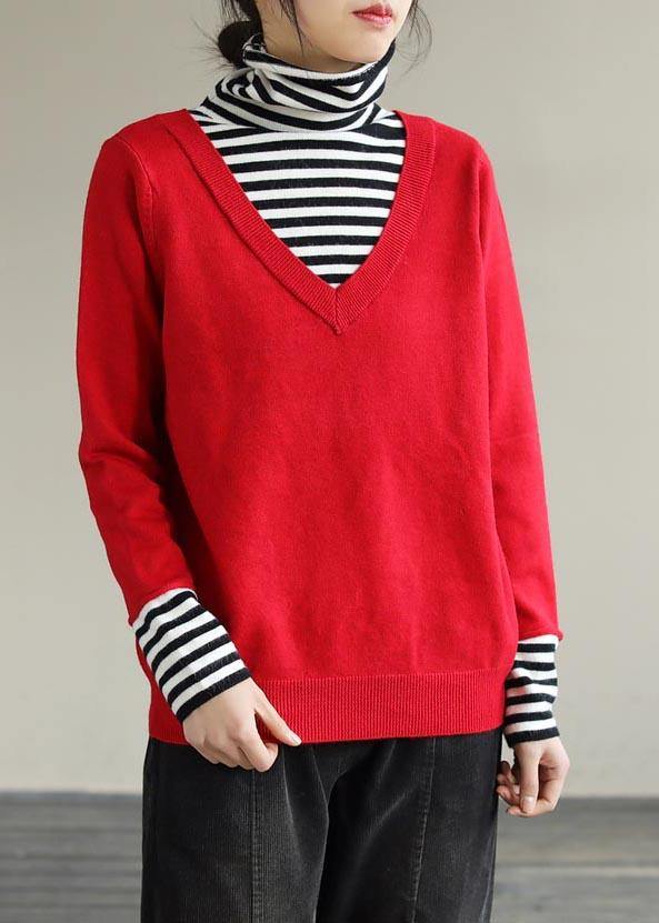 Cozy  Red Sweaters Plus Size Patchwork High Neck Blouse