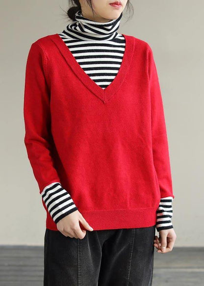 Cozy  Red Sweaters Plus Size Patchwork High Neck Blouse