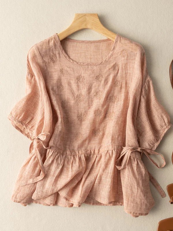 Embroidered Crew Neck Half Sleeve Casual Linen Top