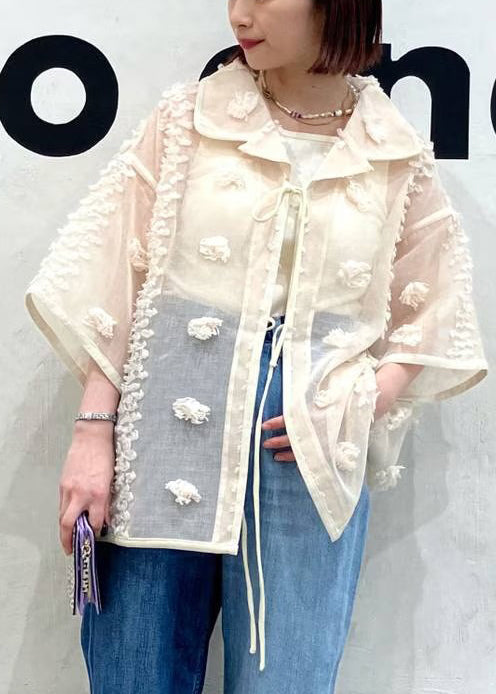 French Beige Oversized Jacquard Sheer Shirt Top Summer