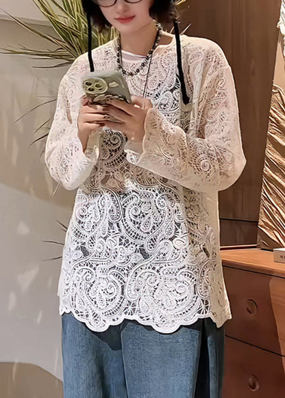 Elegant Beige Embroidered Hollow Out Lace T Shirt Spring
