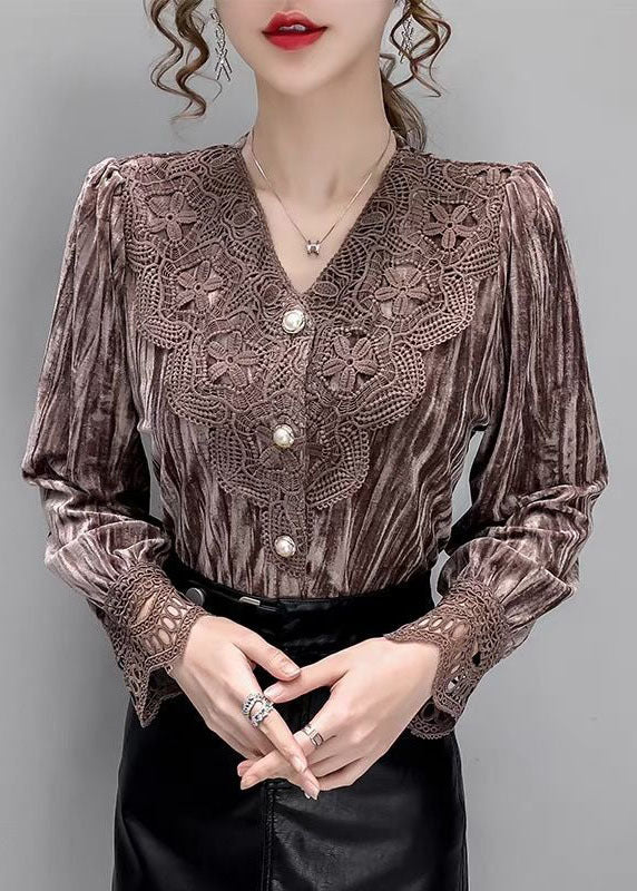 Coffee Lace Silk Velour Blouses V Neck Button Long Sleeve