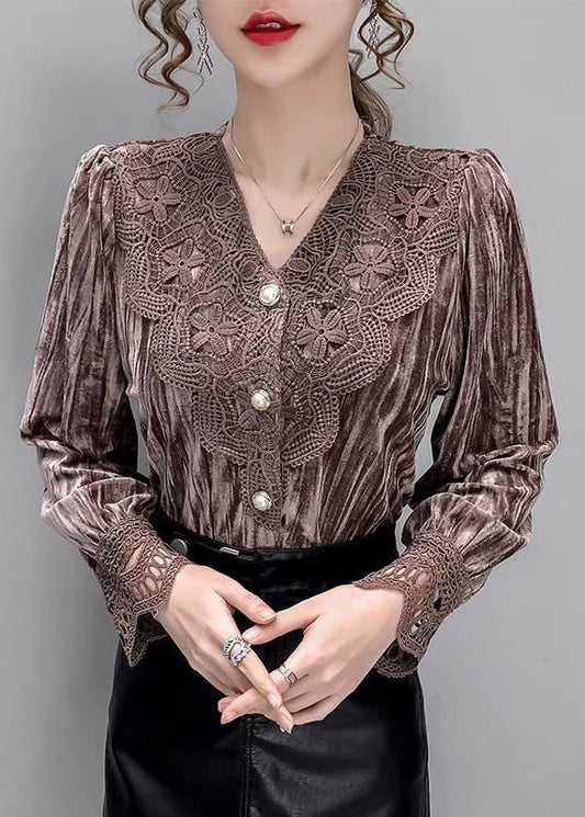 Coffee Lace Silk Velour Blouses V Neck Button Long Sleeve
